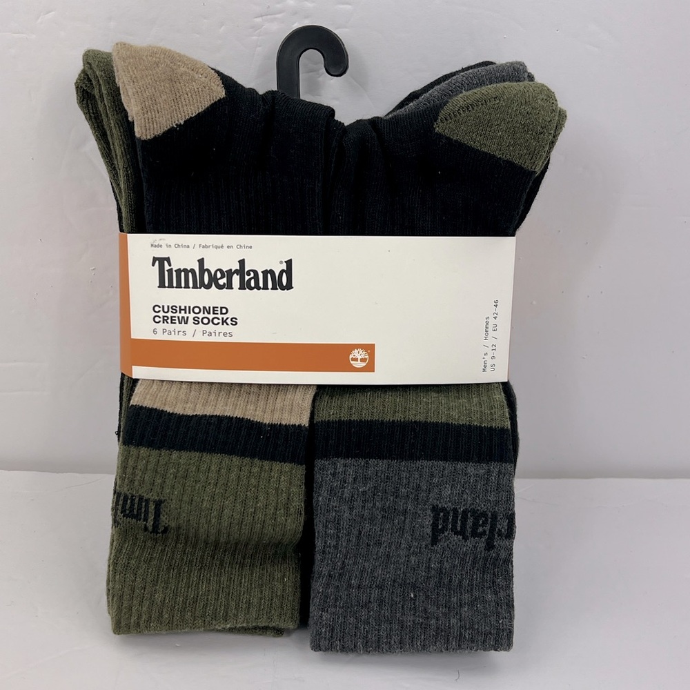 TIMBERLAND, CUSHIONED CREW SOCKS, SIX  PAIRS, MEN’S BLACK WITH MULTIPLE COLORS